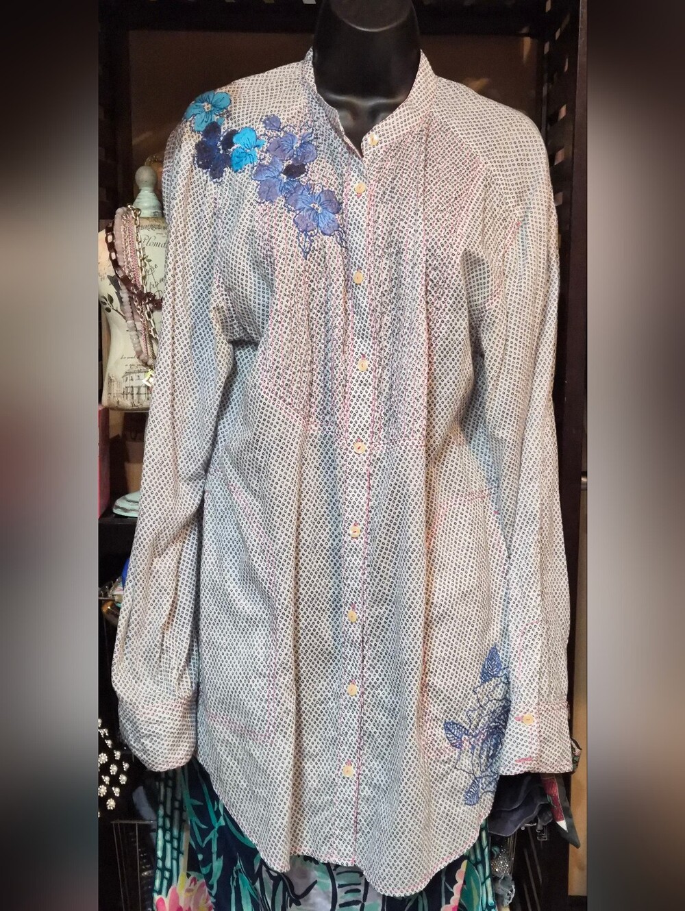 3J Workshop Johnny Was Lightweight Shirt Dress Large Pockets Embroidery Boho